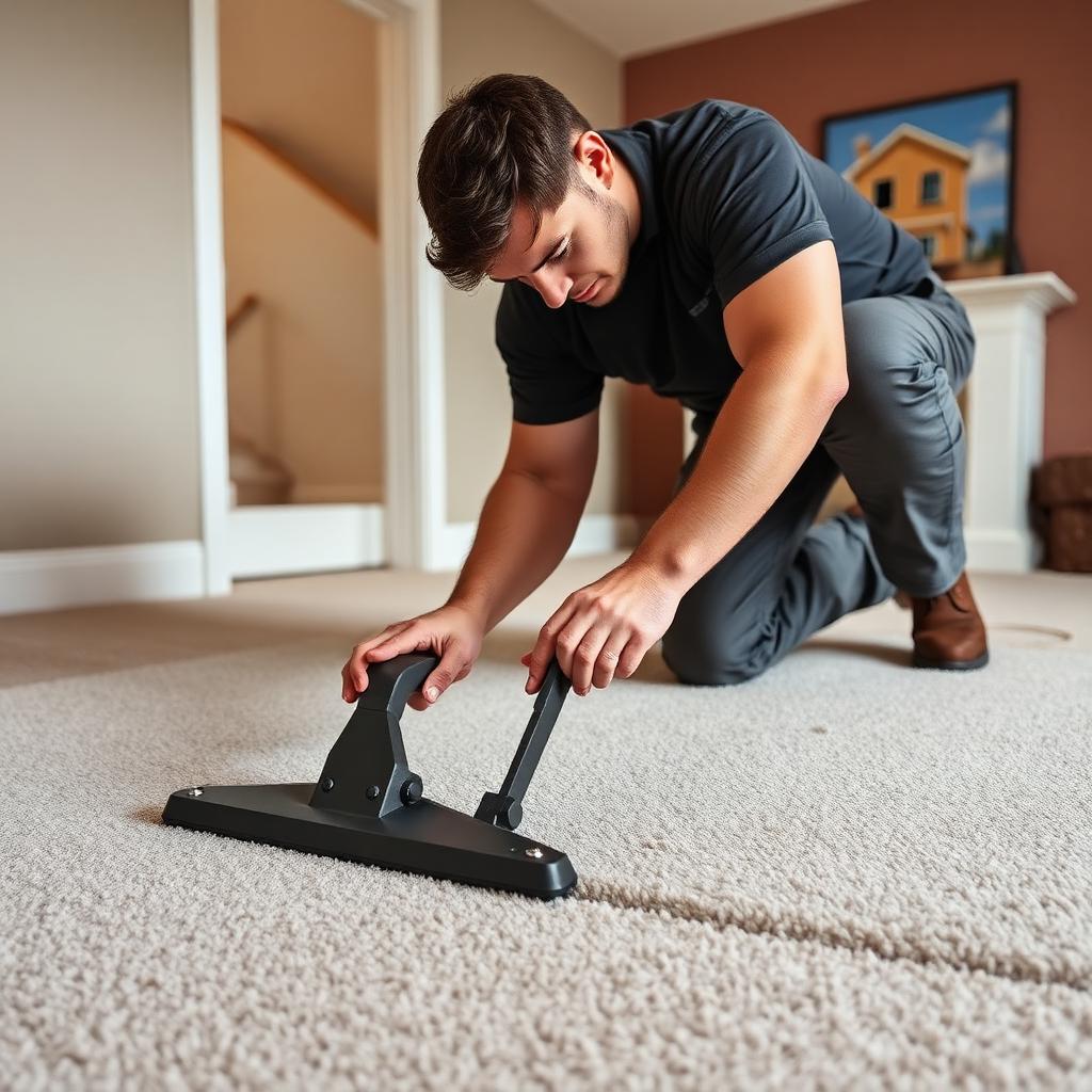 Professional carpet installer stretching carpet