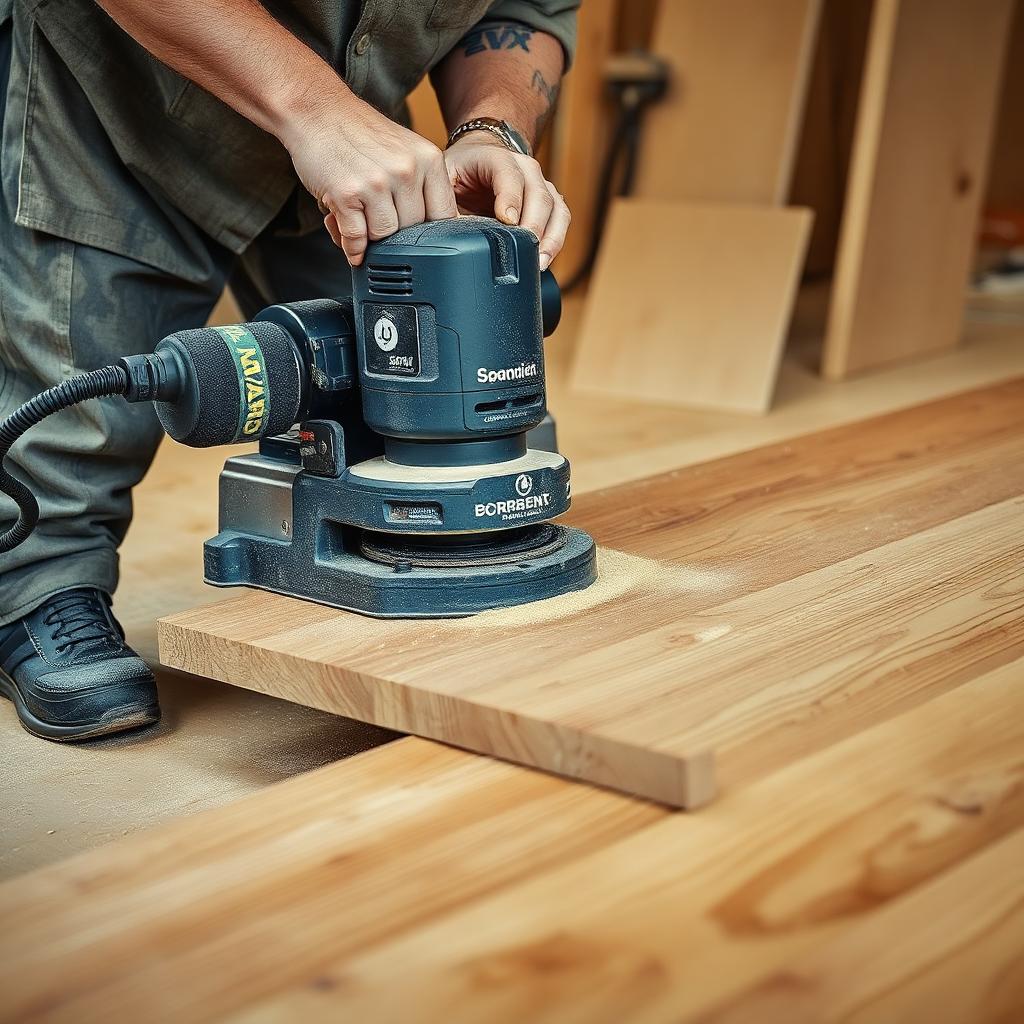 Craftsman sanding a repaired floor section