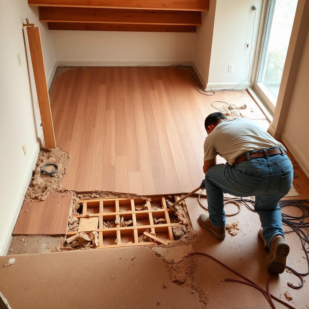 Workers removing old flooring during replacement